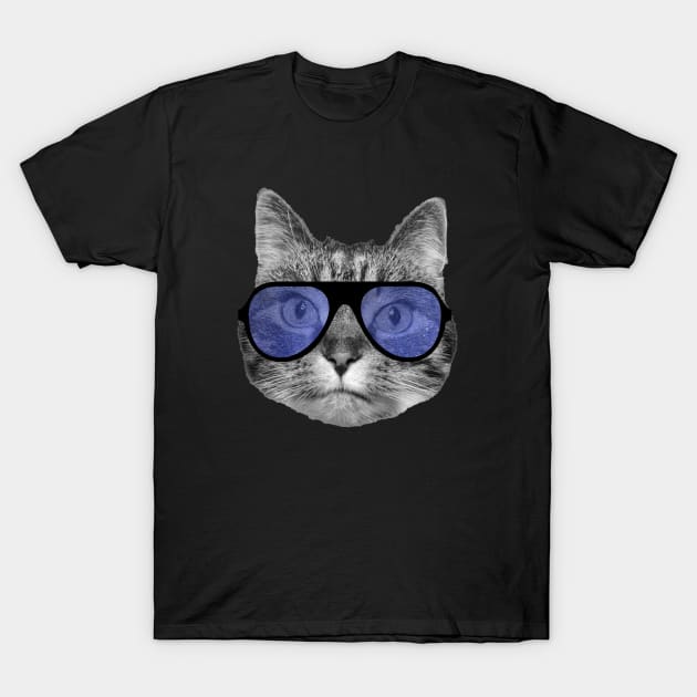 Cat wearing cool blue sunglasses T-Shirt by Purrfect